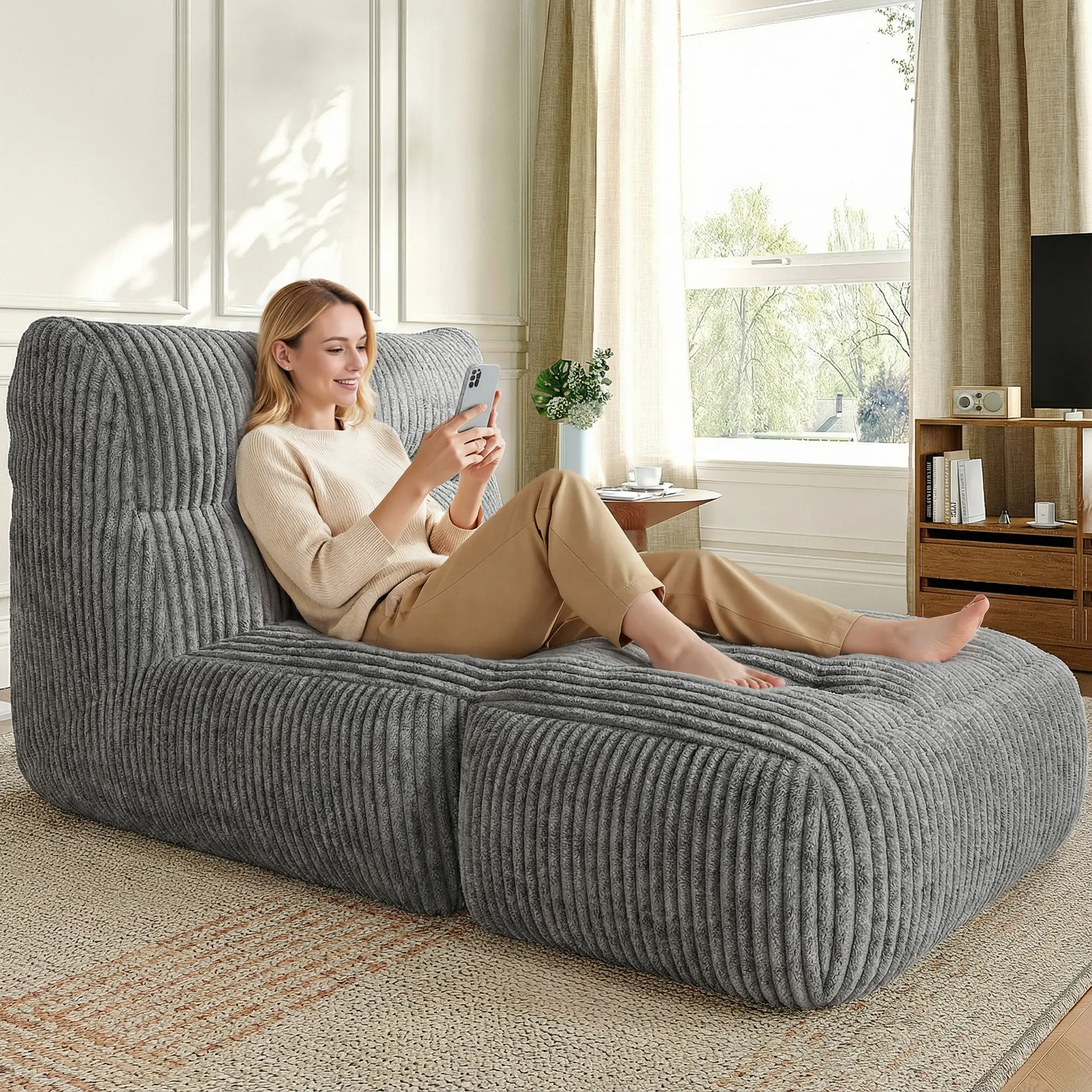 Raybee Bean Bag Sofa, with 31.4" Tall Headboard, Corduroy Folding Convertible Sleeper Lounge Chair with Backrest & Ottoman for Living Room, Bedroom, Balcony Giant Bean Bag Chair for Adult, Plush, Comfy,Valentine's Day gift.