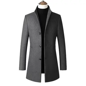 Fall Winter Men Mid-Length Single-Breasted Trench Coat Solid Color Simple Stand Collar Woolen Coat Coat