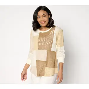 LOGO Lavish by Lori Goldstein Mixed Patchwork 3/4 Sleeve Lace Top