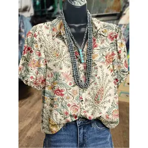 Vintage Paisley Floral Print Button-Front Women's Puff Sleeve Casual Shirt