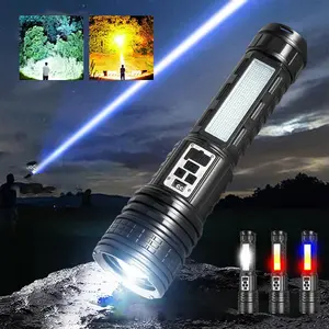 Rechargeable Flashlight, Super Powerful Outdoor Handheld Light, Long Range Zoom Torch with COB Side Light, Red and Blue Light Warning Light
