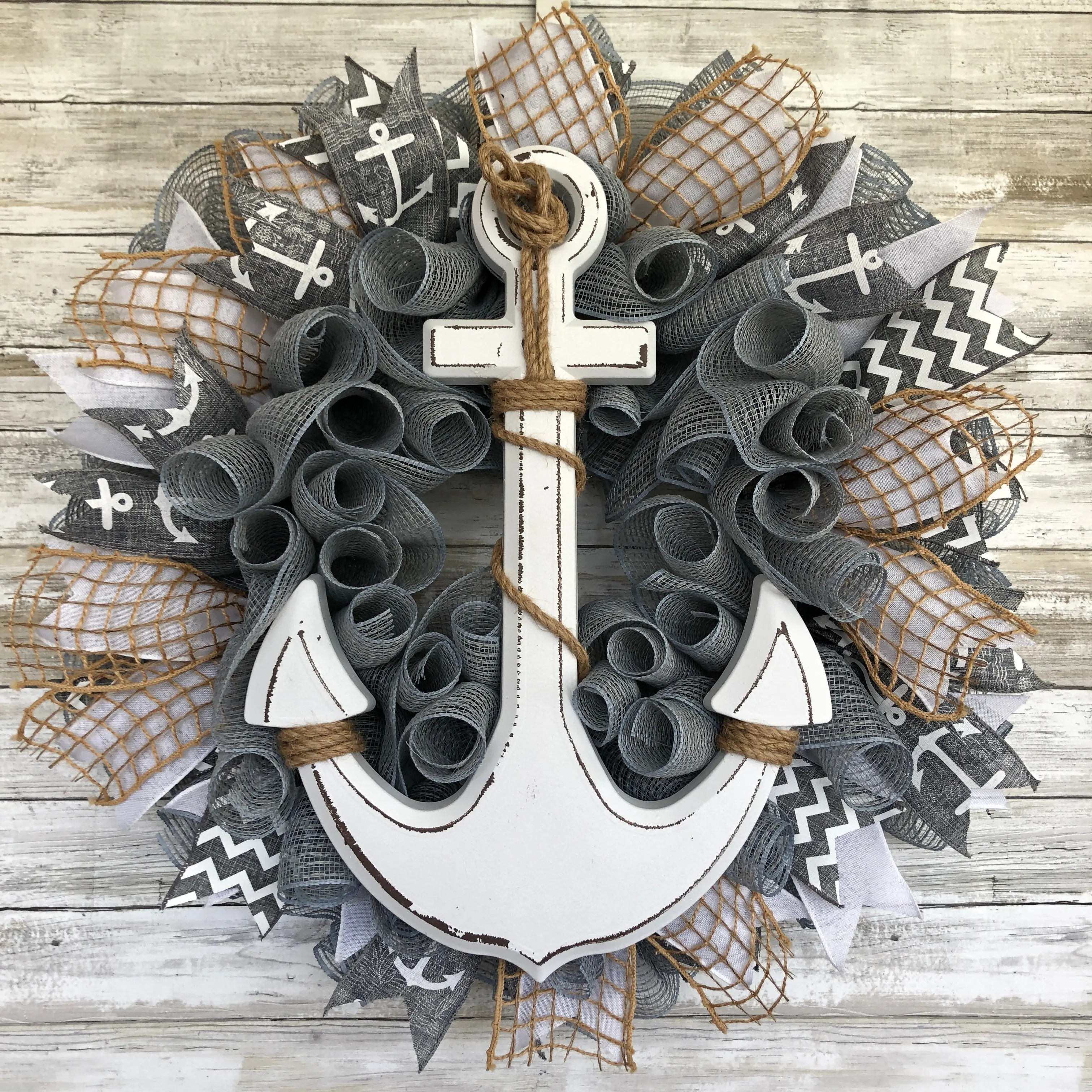Handmade Nautical Door Wreath - Grey And White Coastal Anchor Wreath