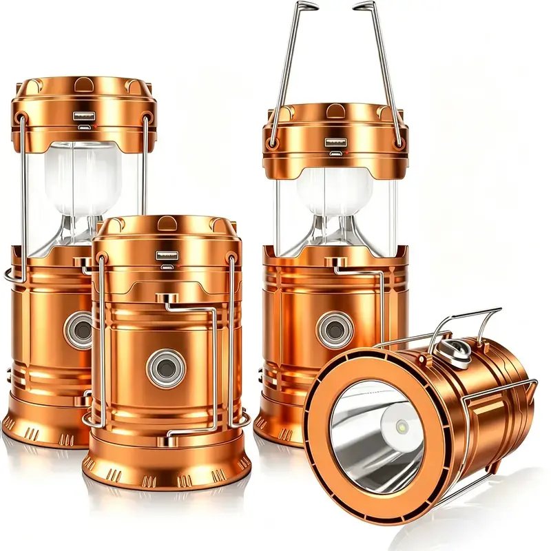 4 Pack Gold LED Solar Lanterns - Lightweight, Waterproof, Compact, Collapsible Solar Hand Light, Multifunctional Flashlight, Outdoor Camping Accessory, Portable Rechargeable Emergency Torch, Father's Day Gift