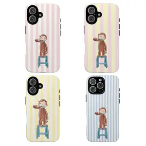 Minimalist Curious George Vintage Cartoon Monkey Brushing Teeth Pink Striped Pattern Art Trendy Tough Phone Case. Nostalgic Childhood Aesthetic Heavy Duty Shockproof Protective Cover for iPhone 17 Pro Max 16 Air 15 14 13 12 11.