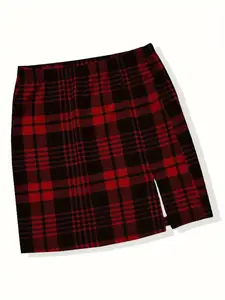 Women's Plaid Print Fitted Slit Skirt, Casual Fashion Short Skirt for Daily Wear, Ladies Bottoms for Summer