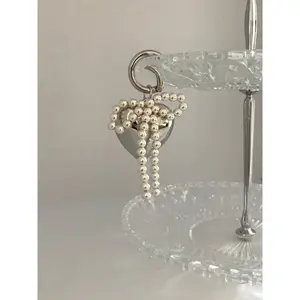 Lauren - Puff Metallic Heart Charm with Beaded Ribbon Keychain