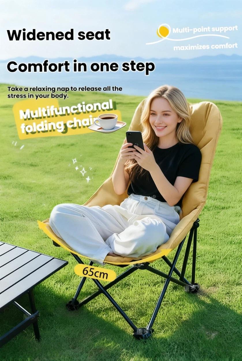 Portable Folding Moon Chair with Footrest – Thick Padded Adjustable Recliner, 4-Level Lounge Chair for Camping & Home