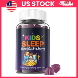 Kids Sleep Gummies, Magnesium Glycinate Gummies, Melatonin Free Sleep Aid, Strawberry Flavor, Magnesium, Calcium, Vitamin D3, Vitamin B6, L-Theanine, Chamomile, Lemon Balm & Lavender, Kids Vitamins for sleep, Non-Habit Forming, Sugar Free, Vegan, 60 ct