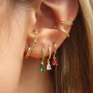 Women Multi Color CZ Drop Earrings Gold Color Plated Cute Girls Hoop Earrings Geometric Cubic Zirconia Earrings Jewelry Gift