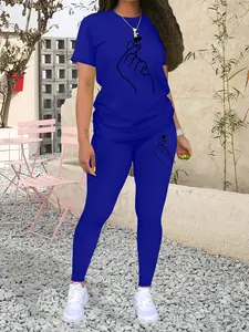 Women's Casual Sporty Two-Piece Set, Yoga Outfit, Fashion Print Short Sleeve Top + Tight Pants, Spring & Fall, Fitted Thin Fabric