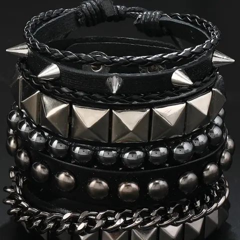 Punk Style Layered Leather Set, Rivet Beaded Braided Details, Stackable Adjustable Stacked Design Bracelets for Party and Daily Wear, Trendy Versatile Jewelry Gift