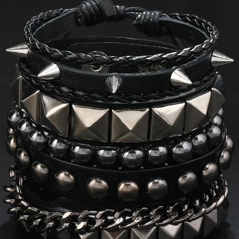 Punk Style Layered Leather Set, Rivet Beaded Braided Details, Stackable Adjustable Stacked Design Bracelets for Party and Daily Wear, Trendy Versatile Jewelry Gift