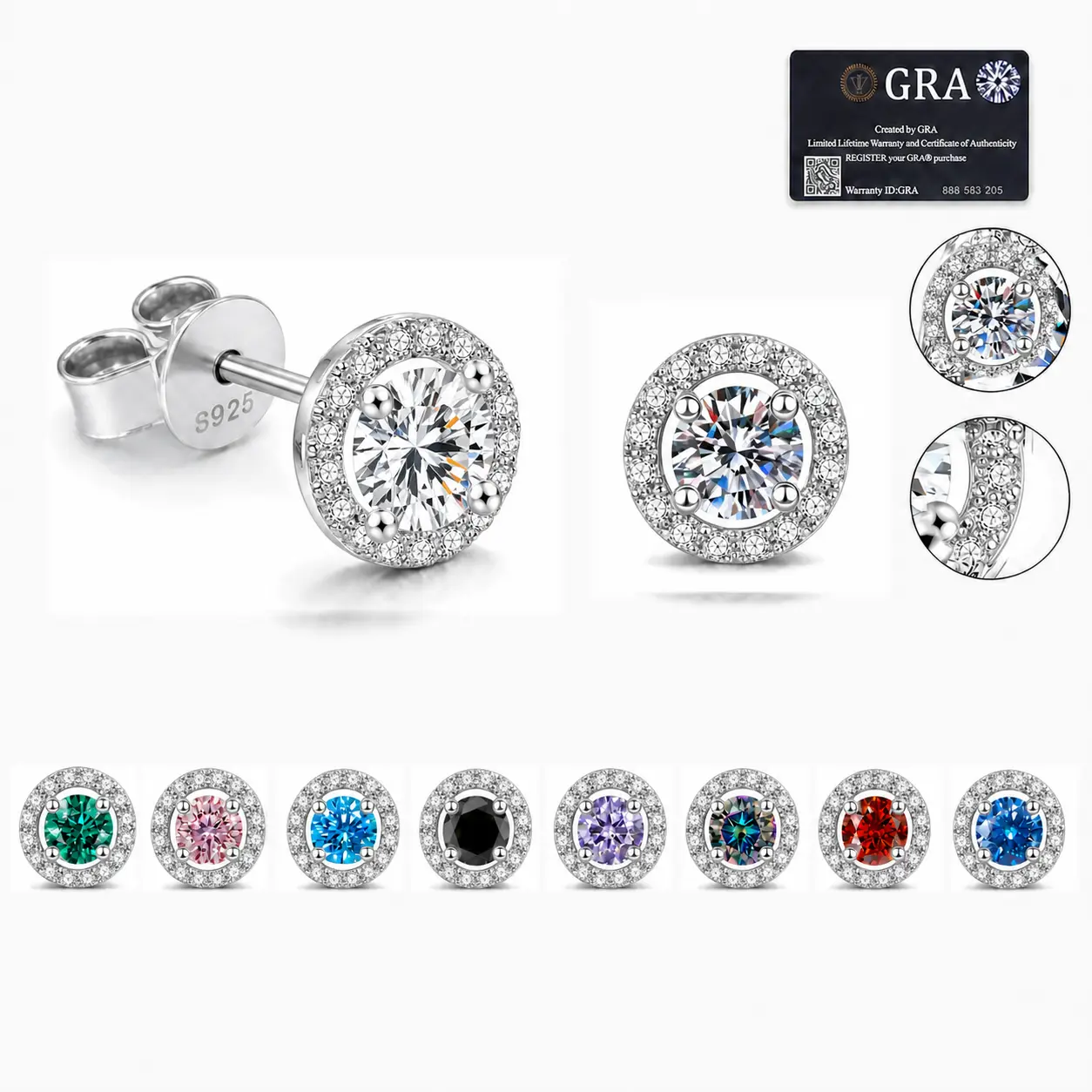 Moissanite Stud Earrings for Women, S925 Sterling Silver Round Halo Four Prong Lab-Created Earrings, Multicolor D Color VVS Birthday Mother's Day Wedding Gift