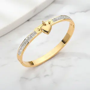 Kara Charm CZ Hinged Bangle Bracelet Stainless Steel