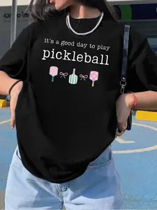 Women's Pickleball Graphic Print Knit T-Shirt, Short Sleeve Round Neck Streetwear Casual Top, Summer & Spring Wear, Fitted Style, Moderate Fabric Thickness, Womenswear