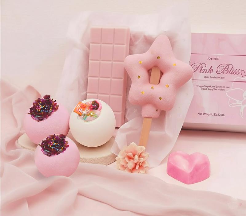 Joynest Pink Bliss Bath Bomb Gift Set - 5 Luxurious Bath Bombs & 1 Handmade Soap Enriched with Shea Butter & Olive Oil for Self-Care & Gifting Floral & Fruity Scent Soothing Moisturizing