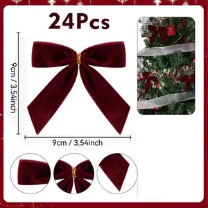 24 wine-red velvet bows, 3.5x3.5-inch Christmas bows, preformed velvet ribbons, suitable for gift wrapping, DIY handicrafts and home decoration, Garland Ribbon