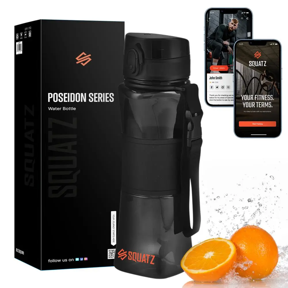 24 Oz Water Bottle with Fruit Infuser & Shaker Ball - Black | Reusable Leakproof Tritan Sport Bottle with Wide Mouth, Hygenic Nozzle & Carry Strap – Portable Plastic Bottle for Gym, Sports & Outdoor Use