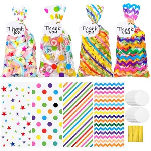 100 Set Rainbow Cellophane  Bags 5 x 10.6 Inch Clear Candy Party Favor Bags with 100  Tags and Twist Ties for Rainbow Colorful Party Easter  Shower Decorations