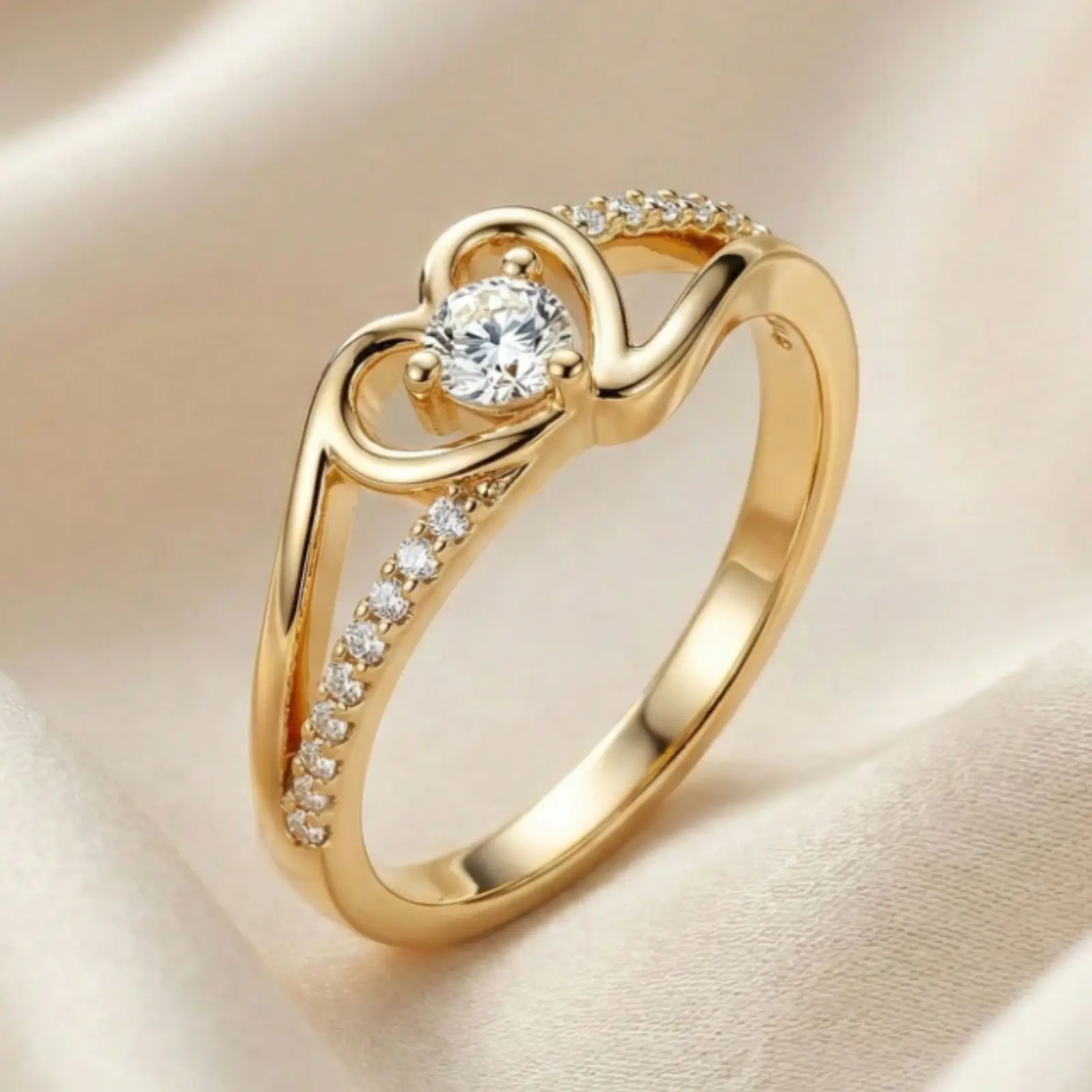 A sparkling, romantic 14k gold-plated heart-shaped ring, set with Cubic Zirconia stones, suitable for weddings, engagements, and everyday wear.