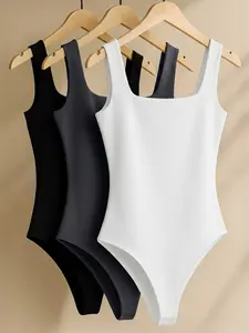 3-Piece Women's Square Neck Sleeveless Bodysuit Set, Basic Solid Color Tight Fit Summer New Arrival, Comfortable Breathable Soft Fabric