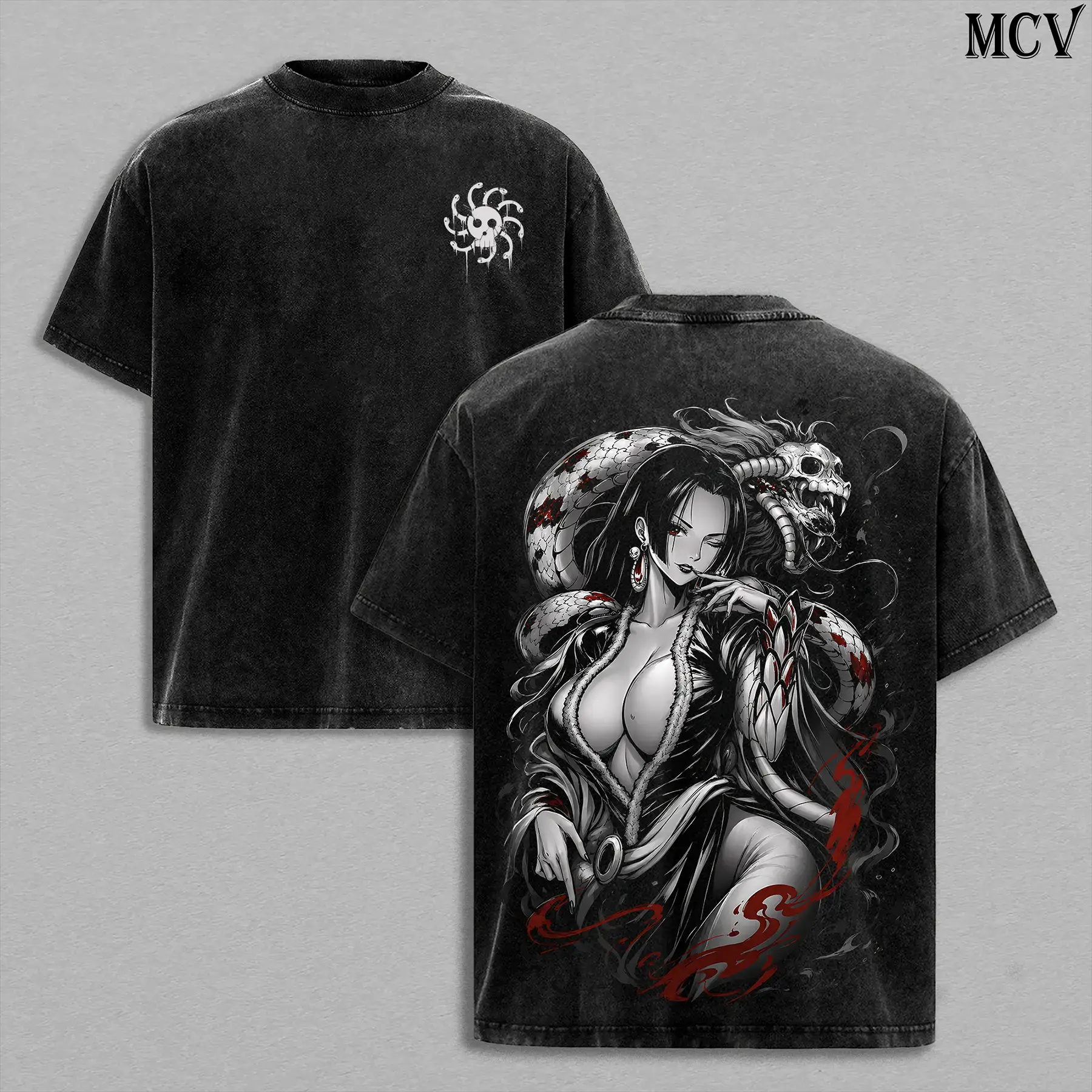 Boa Hancock T-Shirt – Vintage One Piece'es Washed Anime Manga Pirate Empress Graphic Double Printed Tee, Menswear Heavy Cotton Unisex Oversize Streetwear Edition