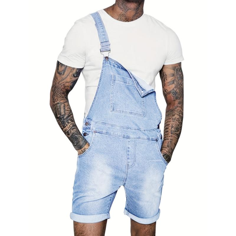 Mens Denim Shorts Bib Overall Jean Romper Casual Loose Fit Walkshort Button Pockets Summer Jumpersuit Menswear Spandex