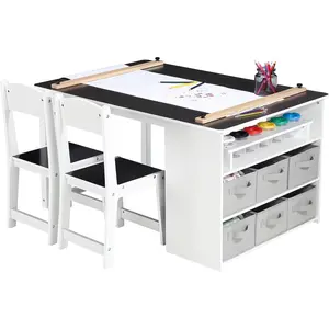 4-in-1 Kids Art Table and 2 Chairs Set, Wooden Activity Desk with Storage Bins, Art Easel, Drawing & Study Table for Toddlers, Multi-Functional Children’s Furniture for Home, Playroom
