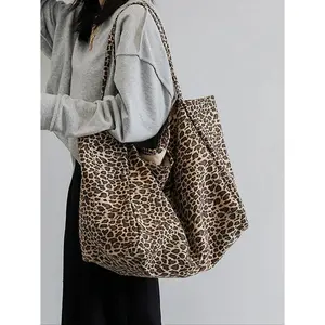 Leopard Print Women's Fashion Tote Bag Large Capacity Lightweight Foldable Design Trendy Versatile Daily Commuting Bag with Functional Pocket