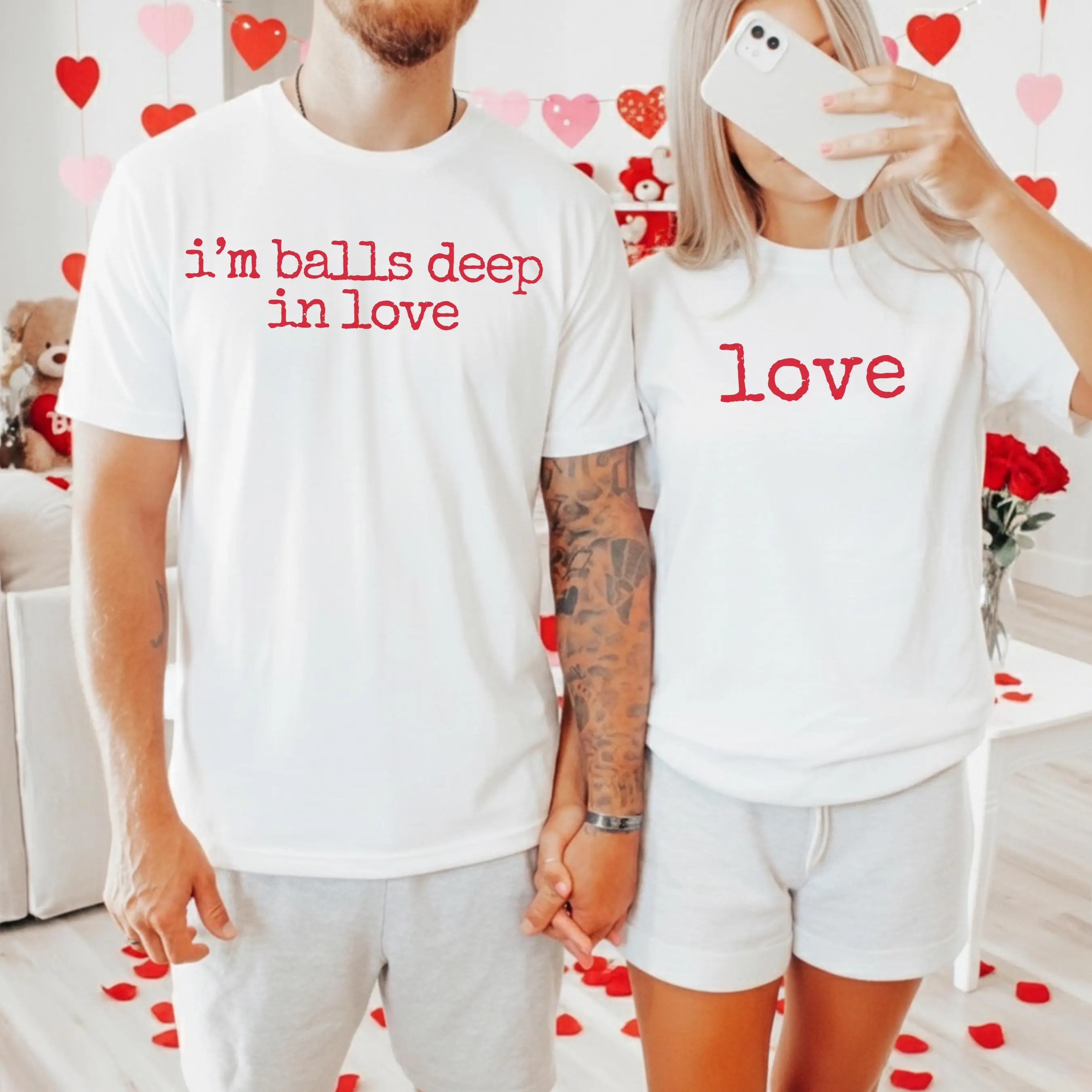 I'm balls deep in love Raunchy Valentine Couple Shirts, Inappropriate Husband & Wife Matching Honeymoon Tees, Valentine's Day Party Boyfriend Girlfriend Adult Humor Shirts