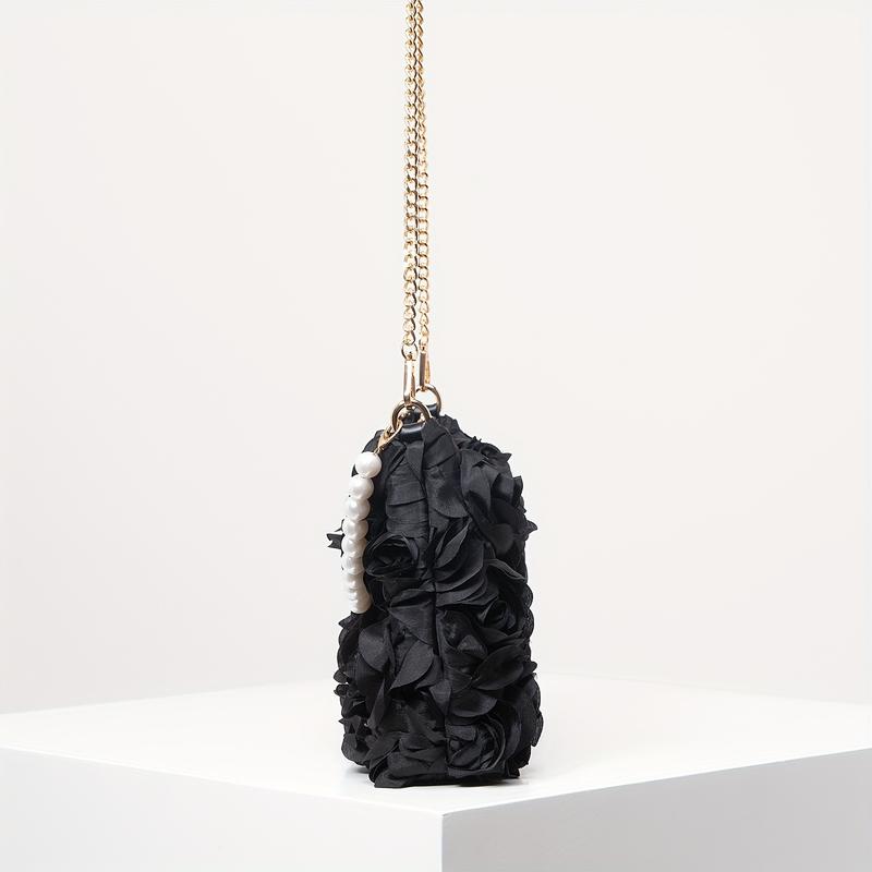 [Wedding Accessory] Elegant Rose-Embellished Crossbody Bag with Faux Pearl Accents - Sweet Pink Floral Evening Clutch, Ideal Valentine's Gift for Women, Polyester Lining, Zip Closure, Wedding Gifts