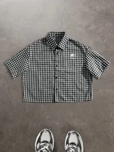 Men's Casual High Street Vintage Plaid Letter Star Print Short Sleeve Shirt, Loose Fit, Perfect for Summer Vacation
