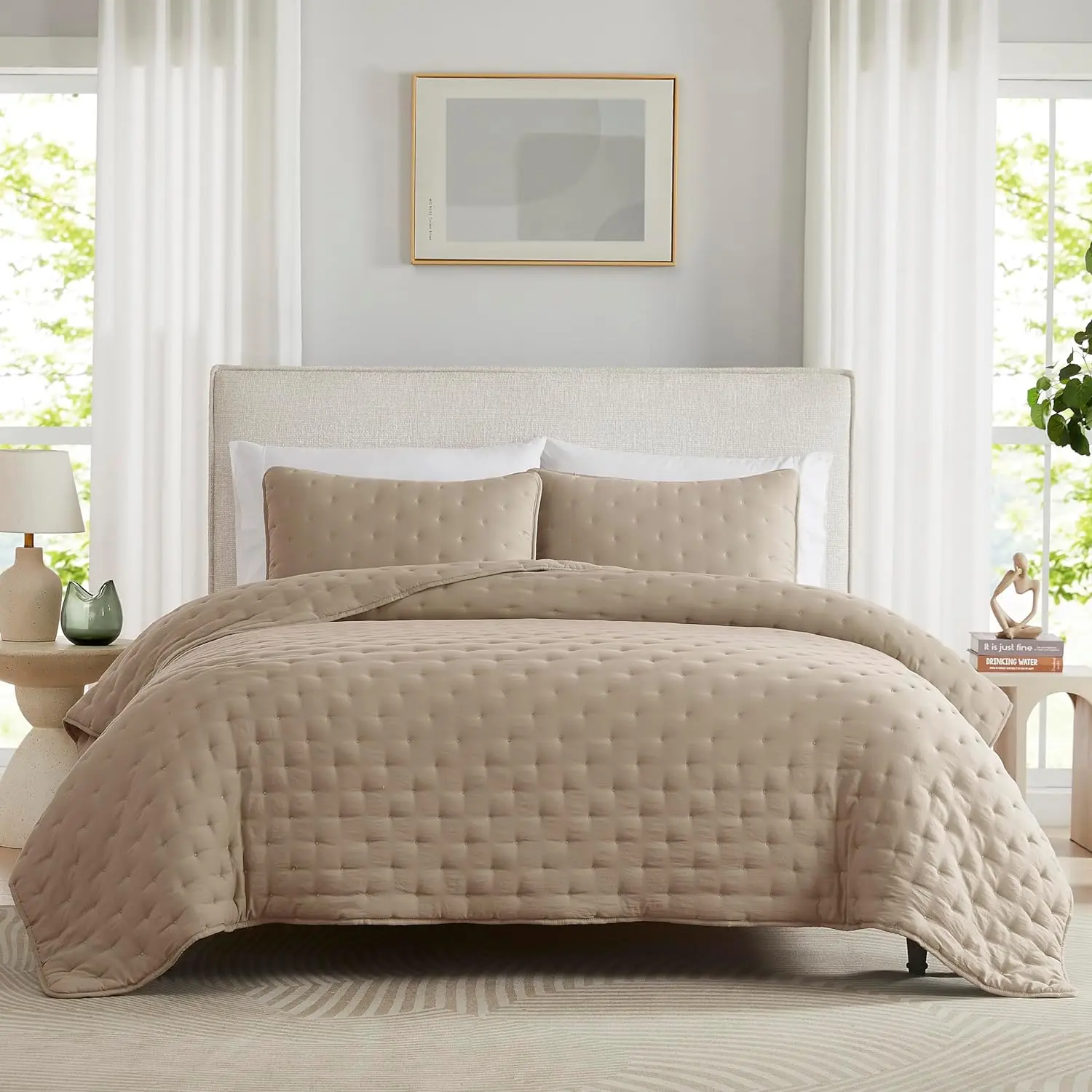 Beige Cloud Quilt  Size Bedding Set with Pillow Sham, Tan Puffy Cozy Lightweight Bedspread Coverlet, Taupe Camel Soft Cute Bed Cover for All Season - 3 count, 104x90 inches