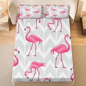 3Pcs Flamingo Chevron Pink Fitted Sheet Three Piece Set (1*Fitted Sheet+2*Pillowcases, Coreless), Celebration theme, Animal Pattern Bedding Set, Mattress Protector Soft, Breathable