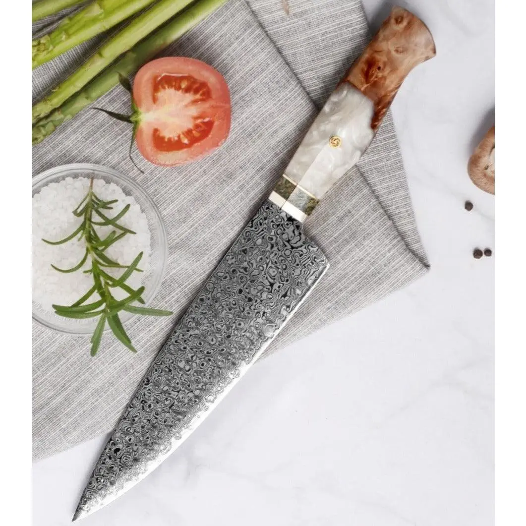 Shinobi VG10 Chef Knife with Exotic Olive Wood & Mother of Pearl Handle