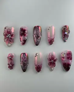 Cherry Blossom Chrome Press On Nails | Pink Jelly Base with 3D Plum Flowers & Rhinestones | Elegant Floral Nail Art in Glossy Ombre Finish