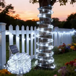 Solar Rope Light 33FT 100L Cool White IP65 Weatherproof Outdoor LED Copper Fairy String Tube Lights for Christmas Room Decor Porch Yard Home Wedding Vacation Flexible Wire with 8 Lighting Modes