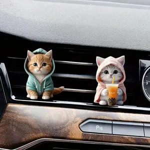 2 Pack Cute Hooded Cat and Boba Tea Acrylic Vent Clips Air Freshener, Fits Car AC Vents, Decorative Car Interior Accessories, Car Fragrance Set