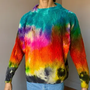 Men’s 56" Chest Black Rainbow Cable Knit Sweater Pullover Crochet Wool Tops