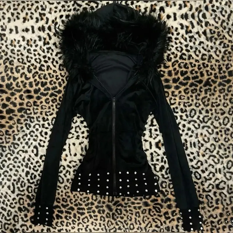 Women's 2026 Gothic Aesthetic Autumn Winter Fur Collar Hoodie Casual Slim Chic Design Cardigan Sweatshirt 2000s Harajuku Clothes