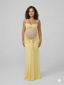 Women's Maternity Yellow Mesh, Ruched, Draped Sleeveless Halter-Neck Backless Maxi Dress with Straps