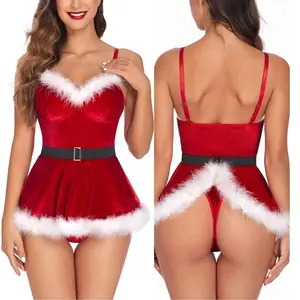 Christmas Lingerie for Women Naughty Sexy Santa Outfits Cosplay Furry Costume Cute Xmas Party Pajama Set Red Mini Dress with Plush Trim and Black Belt