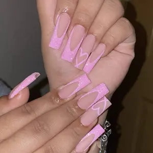A26 Pink Glitter Sugar Glitter Heart Design French Tip Press On Nails Nail Set Of 24 Nude Natural Acrylic Matte Finish Coffin Shape Square Ballerina Almond Medium Length Long Durable Long Lasting Nails