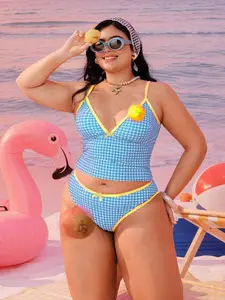 NAVALORA 2026 New Plus Size Women 2-Piece Random Geometric Print Fashionable Vacation Casual Slimming Modest Bow-Tie Adjustable Thick Strap High-Waist High-Cut Triangle Bikini Swimsuit