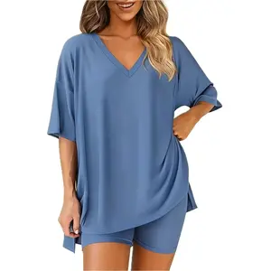 Beautiful and comfortable! Women’s two-piece pajama set – oversized V-neck T-shirt and high-waisted bike shorts paired with a casual set – ultra-soft and stretchy everyday loungewear GARMENTARY