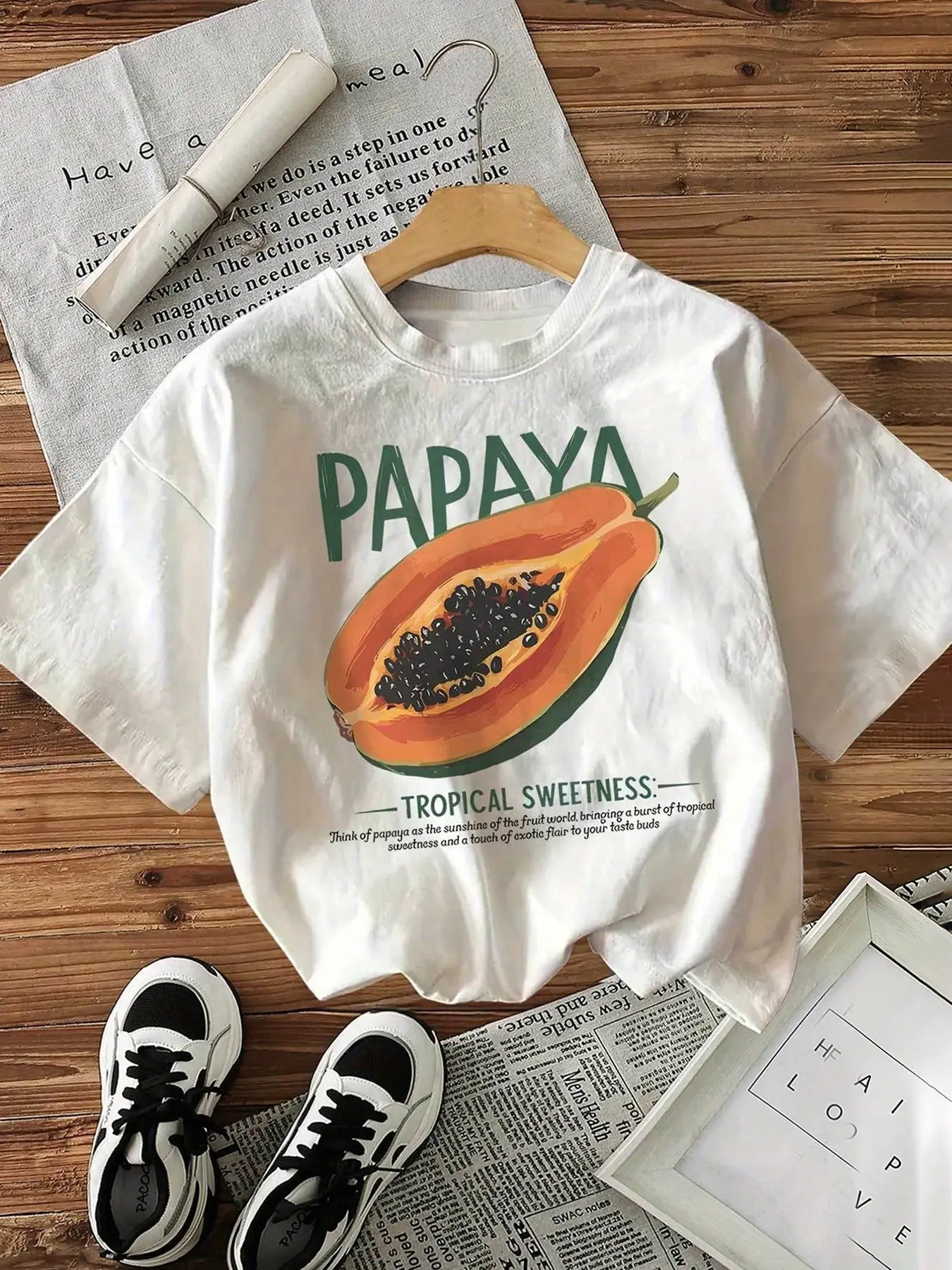 Women's Casual Papaya Letter Print Round Neck Short Sleeve T-Shirt, Comfortable Daily Wear, Fashion Tropical Pattern, Fitted Style, Lightweight, Summer