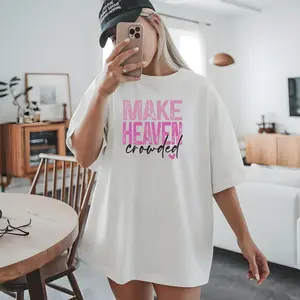 Make Heaven Crowded White T-Shirt with Pink Text for Women's Casual Wear