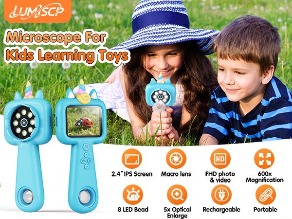 Kids Handheld Digital Microscope & Magnifying Glass, 2-in-1 Unicorn Pink Portable Science Toy for 3-12Y, 600X Zoom 200W HD IPS Screen, 8 Soft LED, Rechargeable 600mAh, Outdoor Nature Exploration & Observation Tool for Boys Girls, Educational Gift