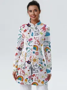 Women's Printed Zipper Front Lab Coat, Dual Pockets, Stylish Laboratory Outerwear, Comfortable & Functional Design, Perfect for Professionals