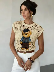 Women's Sleeveless Hollow Out Animal Sweater, Round Neck Knitwear for Spring Summer Fall, Casual Daily Wear, Comfortable and Warm